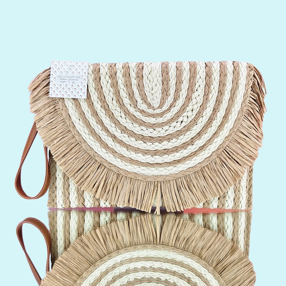 Lulla Collection Purse Clutch 10" W x 8" H Sol Woven Frayed Trim Wristlet Boho